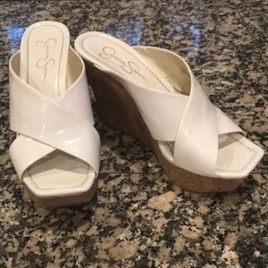 White patent leather wedges